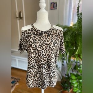 Minnie Rose Cashmere Leopard Print Cold Shoulder Cut-Out Sweater Size XS/S